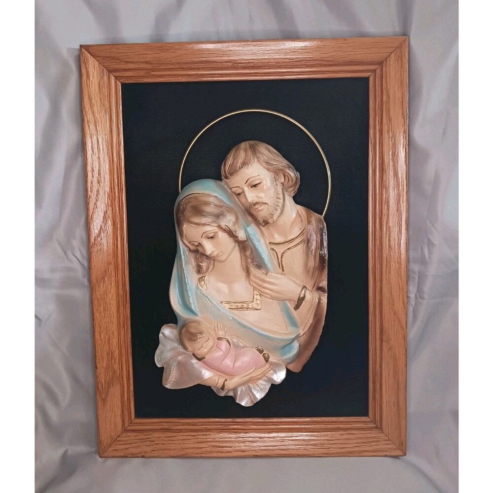 Vtg Chalkware Holy Family Plaque Black Velvet Framed Religious Wall Art Hanging